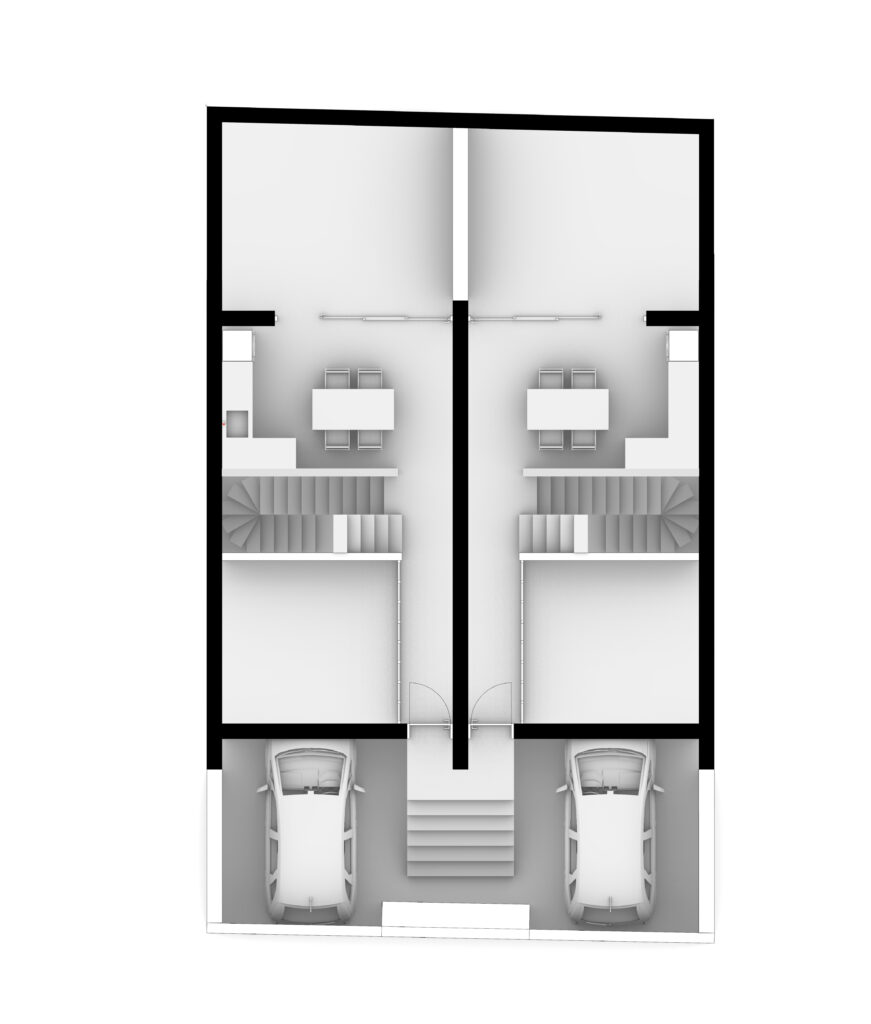Twins — A minimalist architectural floor plan depicting a symmetrical twin house layout with rectangular geometry, featuring garages at the base and large rooms above separated by central staircases. — by Modify Architects