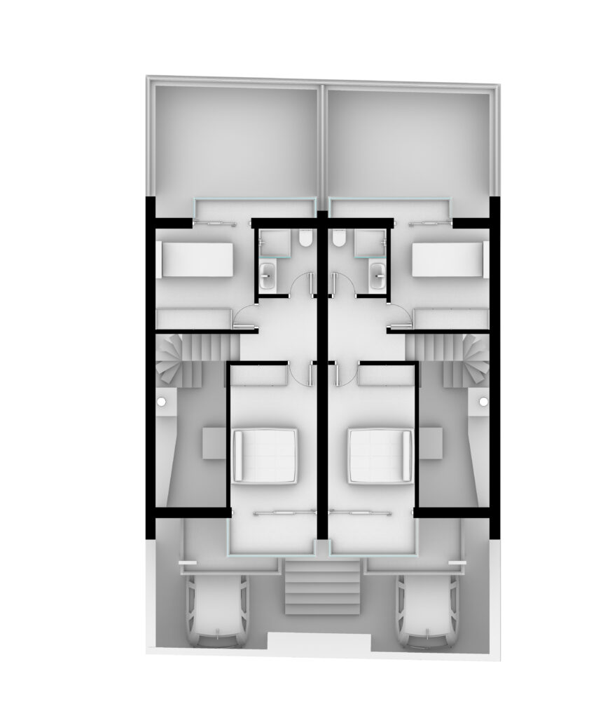 Twins — A top-down schematic view of a twin residence showing two mirrored units with rectangular footprints, including bedrooms, bathrooms, and garages rendered in a clean black-and-white style. — by Modify Architects