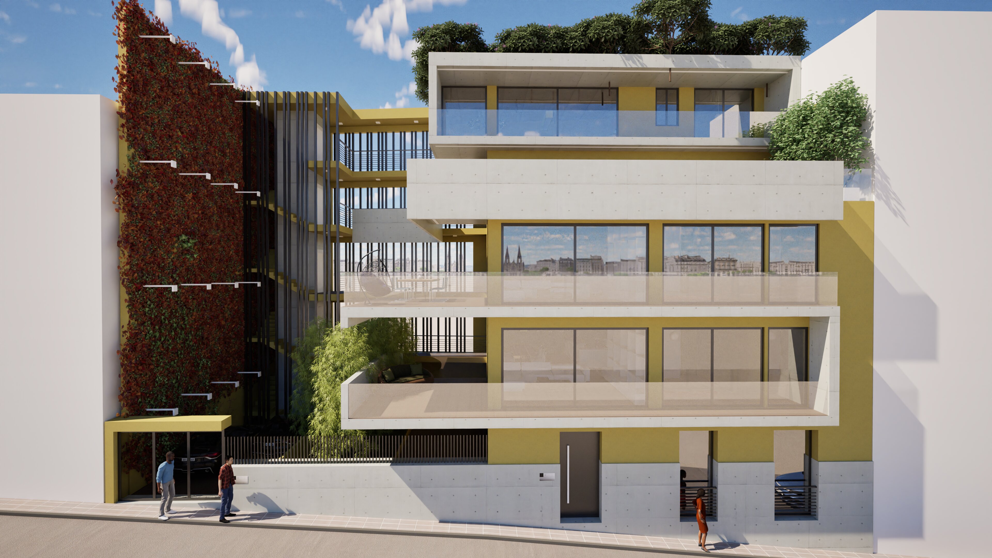 5 Mets — Modern multi-story building with cantilevered white balconies and glass railings against a yellow facade, featuring a vertical garden of red foliage on the left; contemporary style using concrete, glass, and painted surfaces. — by Modify Architects