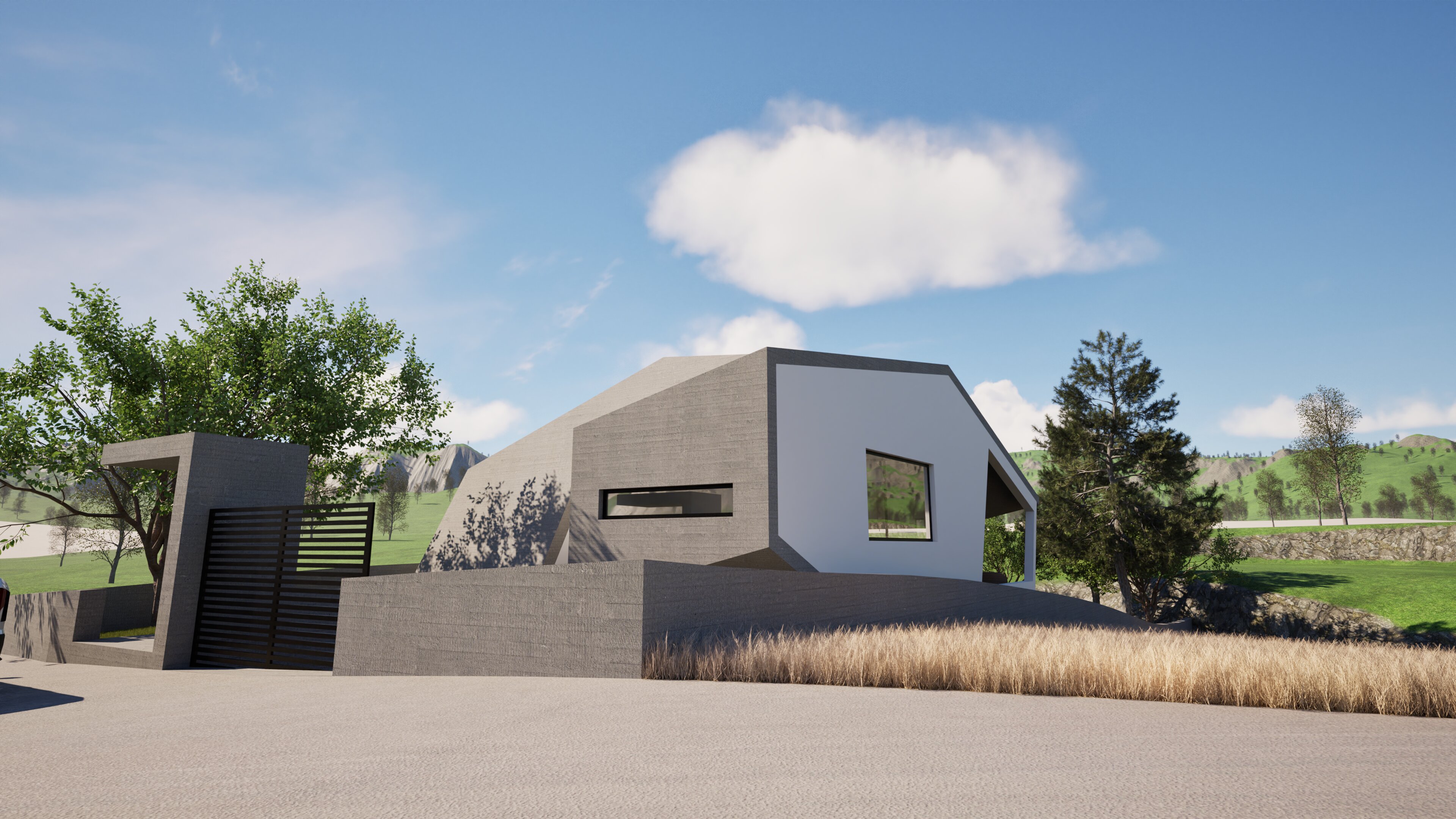 A rock house — Rock‑integrated residence with rugged stone cladding, geometric angular geometry, and sleek minimalist design featuring large glazed openings. — by Modify Architects