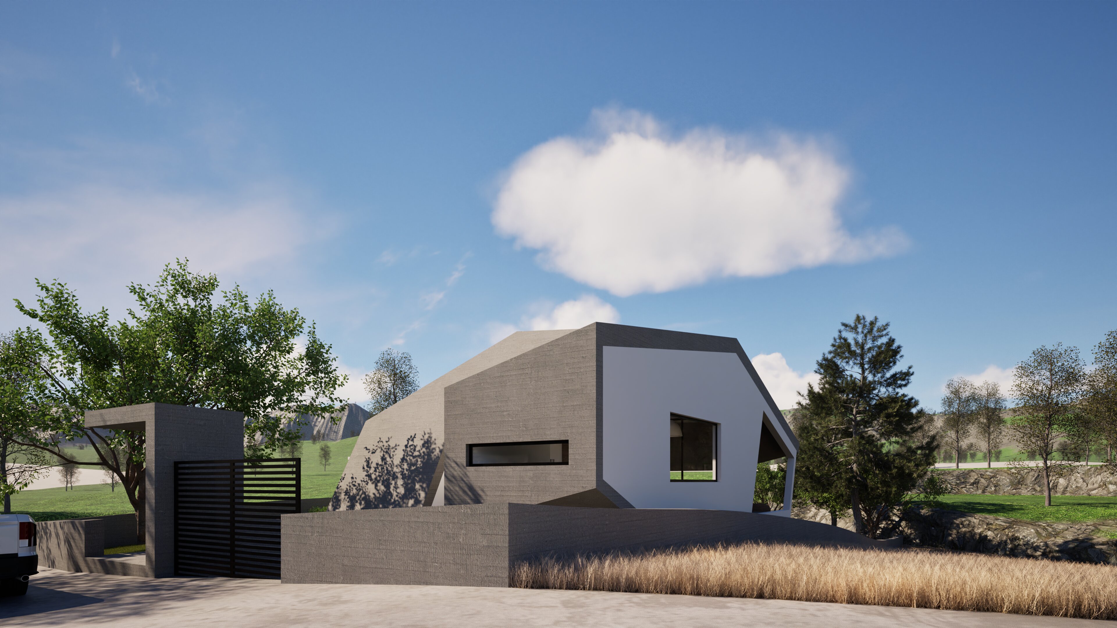A rock house — A minimalist residence with a sloping, overhanging roof, combining gray concrete and white panels, highlighted by expansive floor‑to‑ceiling glass. — by Modify Architects