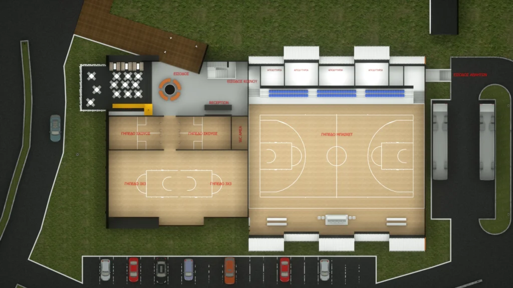 Drimalas Basketball Academy — Top‑down site plan with rectangular basketball courts, a central building block featuring a circular element, surrounding green lawns and curved asphalt roadways; rendered in a clean minimalist CAD style using black for pavement, green for grass, light brown for court surfaces and white/gray for structures. — by Modify Architects