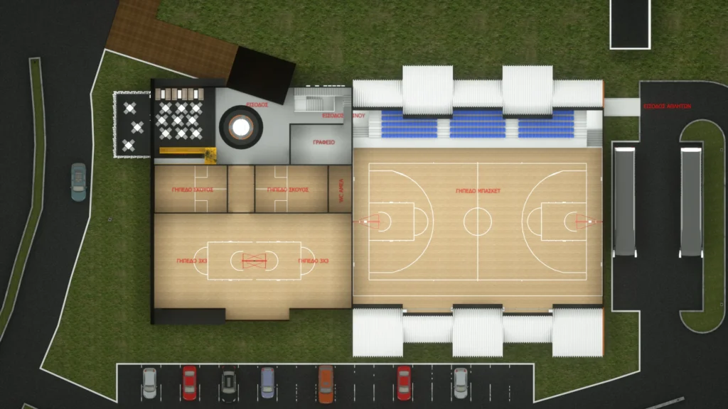 Drimalas Basketball Academy — Top‑down architectural layout showing defined rectangular building footprints, multiple beige basketball courts, adjacent parking rectangles and curved road edges with landscaped green areas; presented in a schematic style using black asphalt, green grass, tan court surfaces and white structural outlines. — by Modify Architects