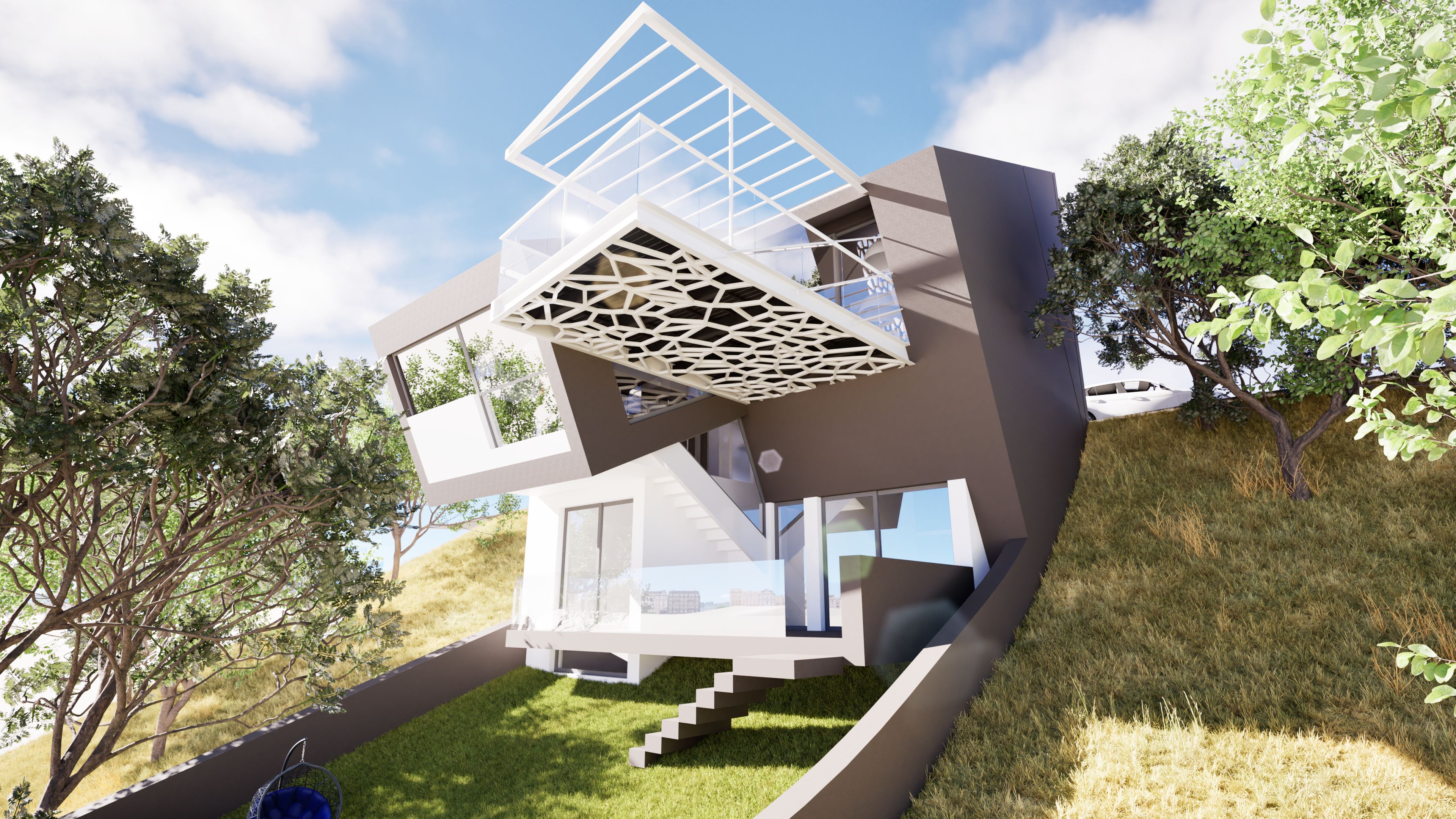 Hillside house 3 — A contemporary hillside residence featuring angular, cantilevered volumes with white concrete walls, extensive floor‑to‑ceiling glass, and metal railings set against a grassy slope. — by Modify Architects