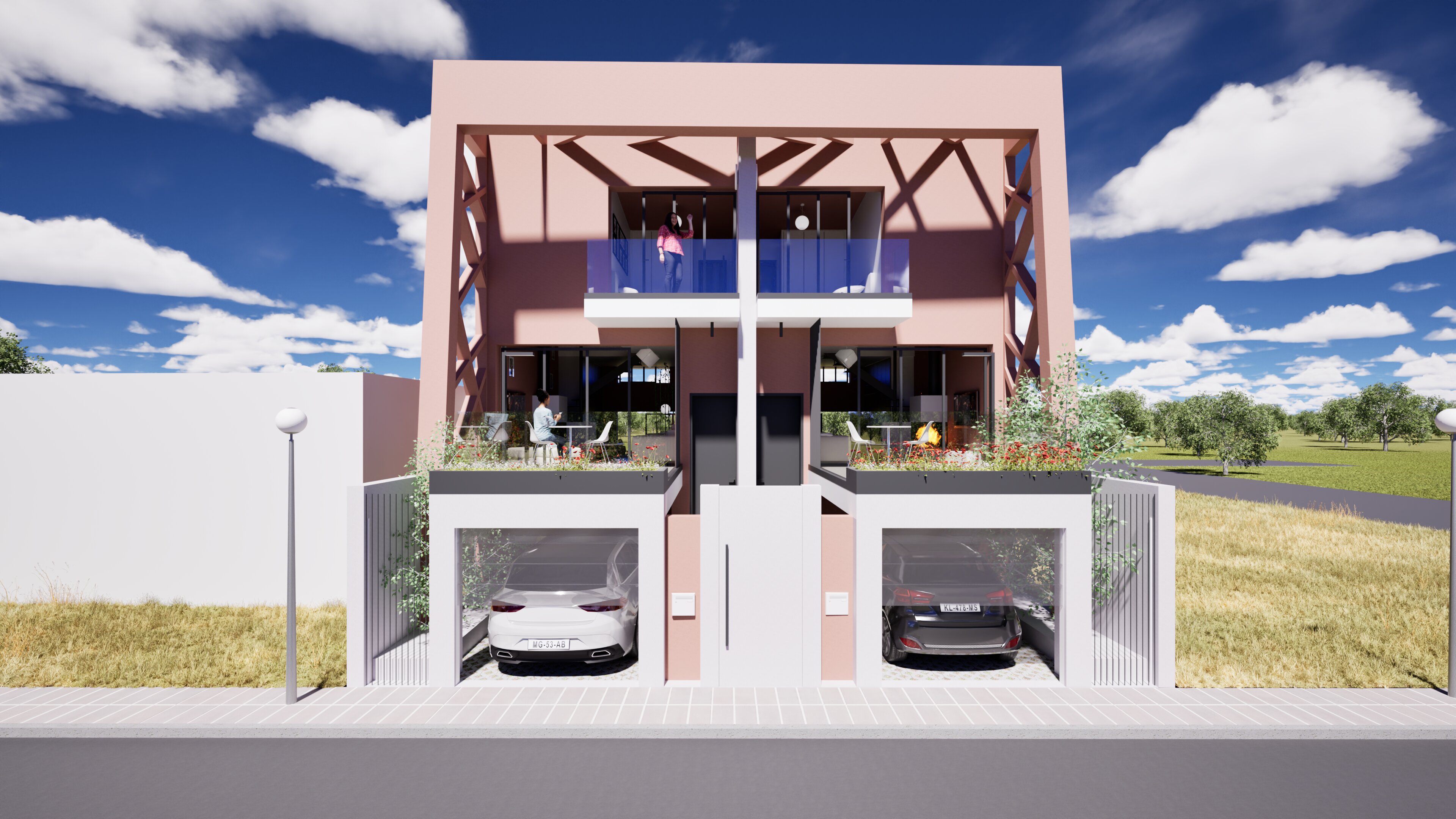 Front rendering of The Cube, a modern pink structural frame duplex with street-level garages, first-floor landscaped terraces, and upper-level balconies under a bright blue sky. By Modify Architects