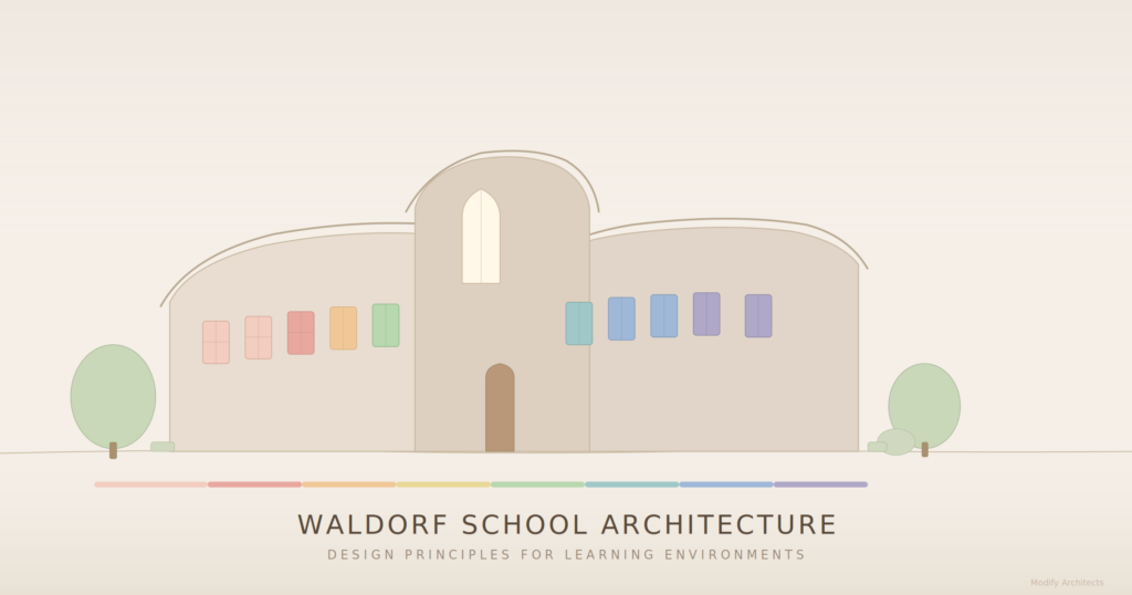 Waldorf school architecture — organic building silhouette with color-graded windows